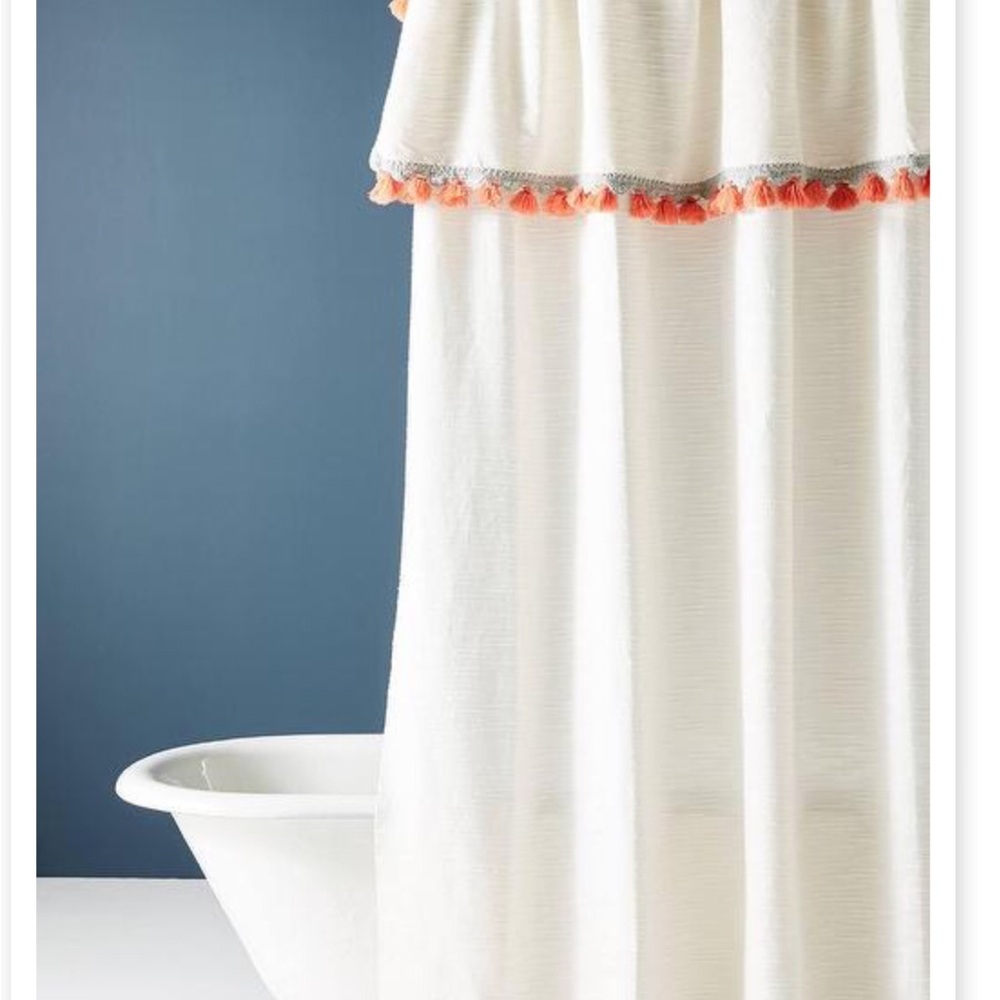 Anthropologie White and Orange Shower Curtain with Tassel Trim